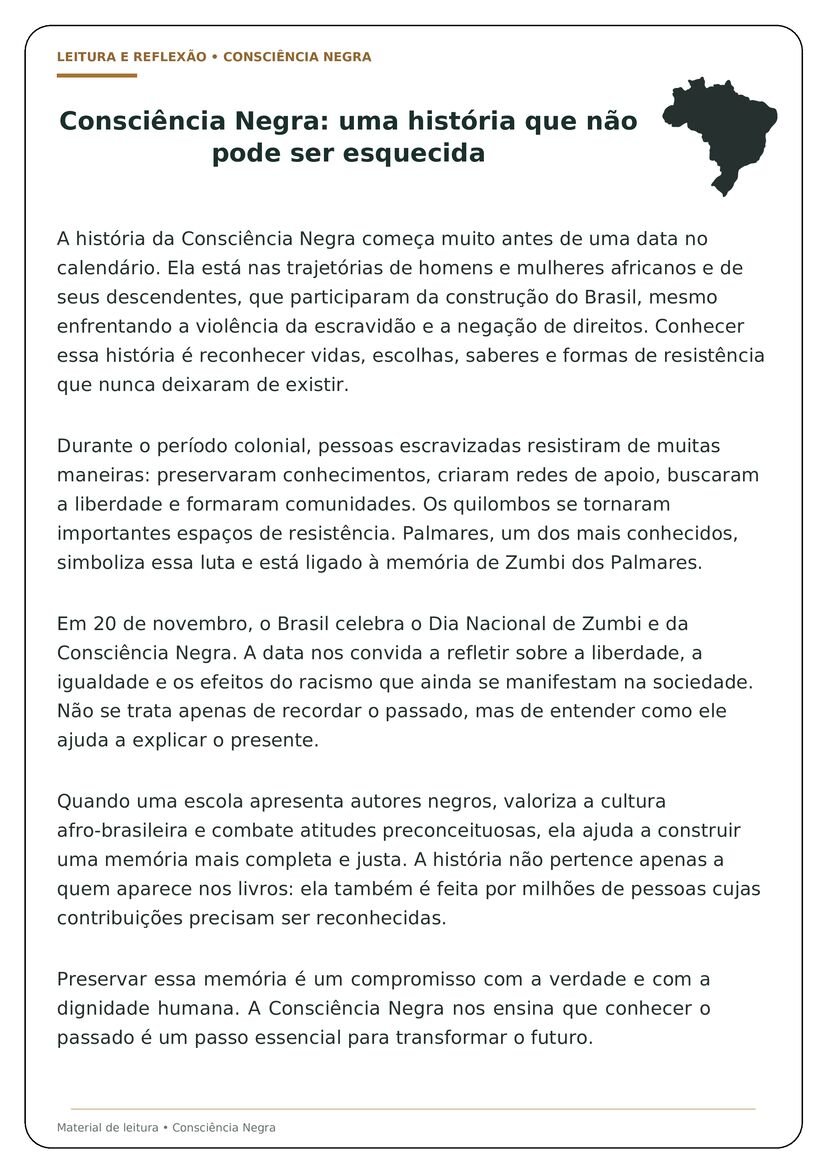 Textos sobre Consciência Negra do 6º ao 9º Ano para Imprimir para alfabetização página 1